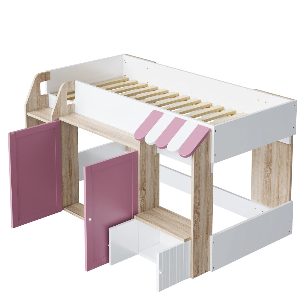 Letto a soppalco per bambini 90x200 cm a casetta con scala; rosa e bianco