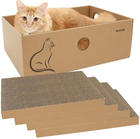 Krabbastamplank per gatto, 4 pezzi, con scatola, 37 x 27 x 13 cm, krabbastamplank a doppia faccia per gatti, cartone ondulato per gatti da appartamento