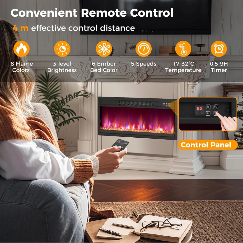Camino Elettrico 1500W, Caminetto Elettrico con Effetto Fiamma LED a 8 Colori, 3 Livelli di Luminosità,17-32℃, Protezione Anti Surriscaldamento, Telecomando (68,5 X 11,9 X 34,2 CM)