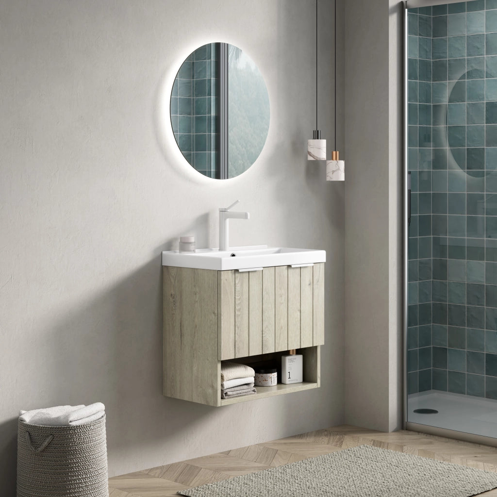 Mobile Bagno con Lavabo in Ceramica, Ante e Ripiano ¨C MINIMAL ¨C Rovere Crema 55cm