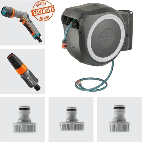 RollUp L con box da 30 m di tubi con ecoPulse spray - box da tubi regolabile - guida integrata per tubi - inclusa 30 m di tubo di alta qualità - attrezzatura di montaggio Tubo da giardino da avvolgere