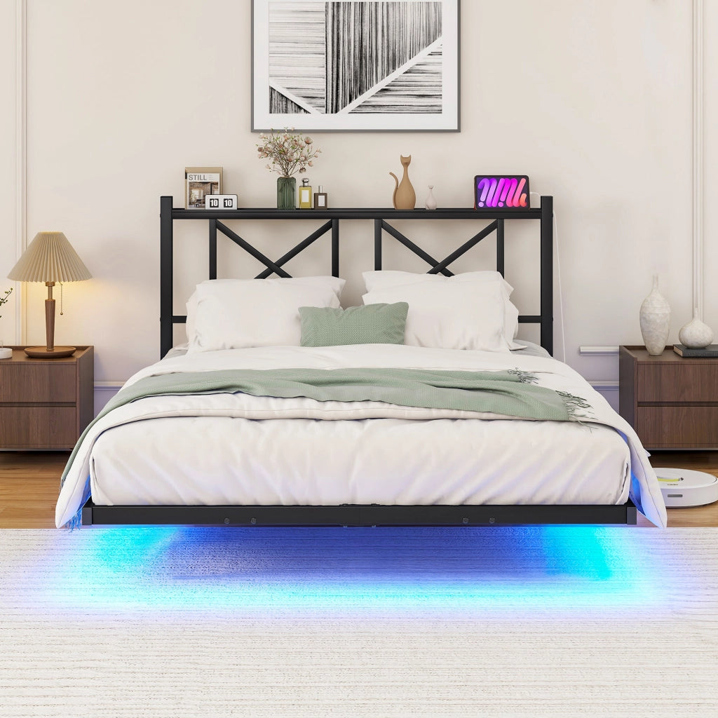 Letto matrimoniale 120 × 200 cm con illuminazione LED, stazione di ricarica et ripiano testiera, senza materasso, in metallo nero