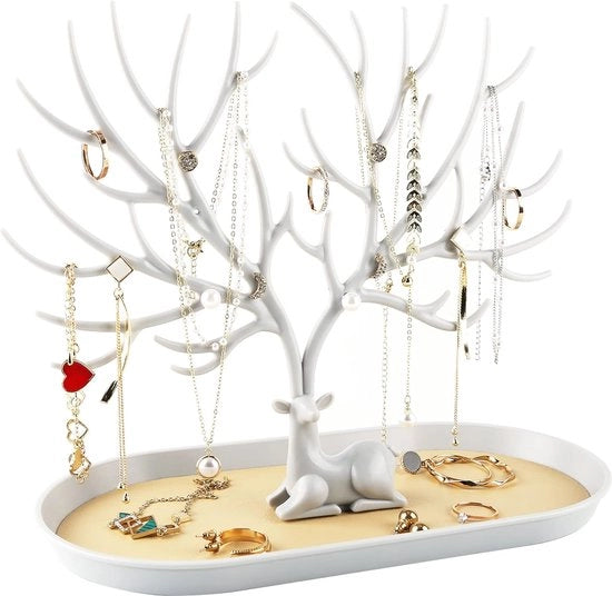 Display stand per gioielli con torre a sospensione per conservazione di collane, orecchini, anelli e bracciali.