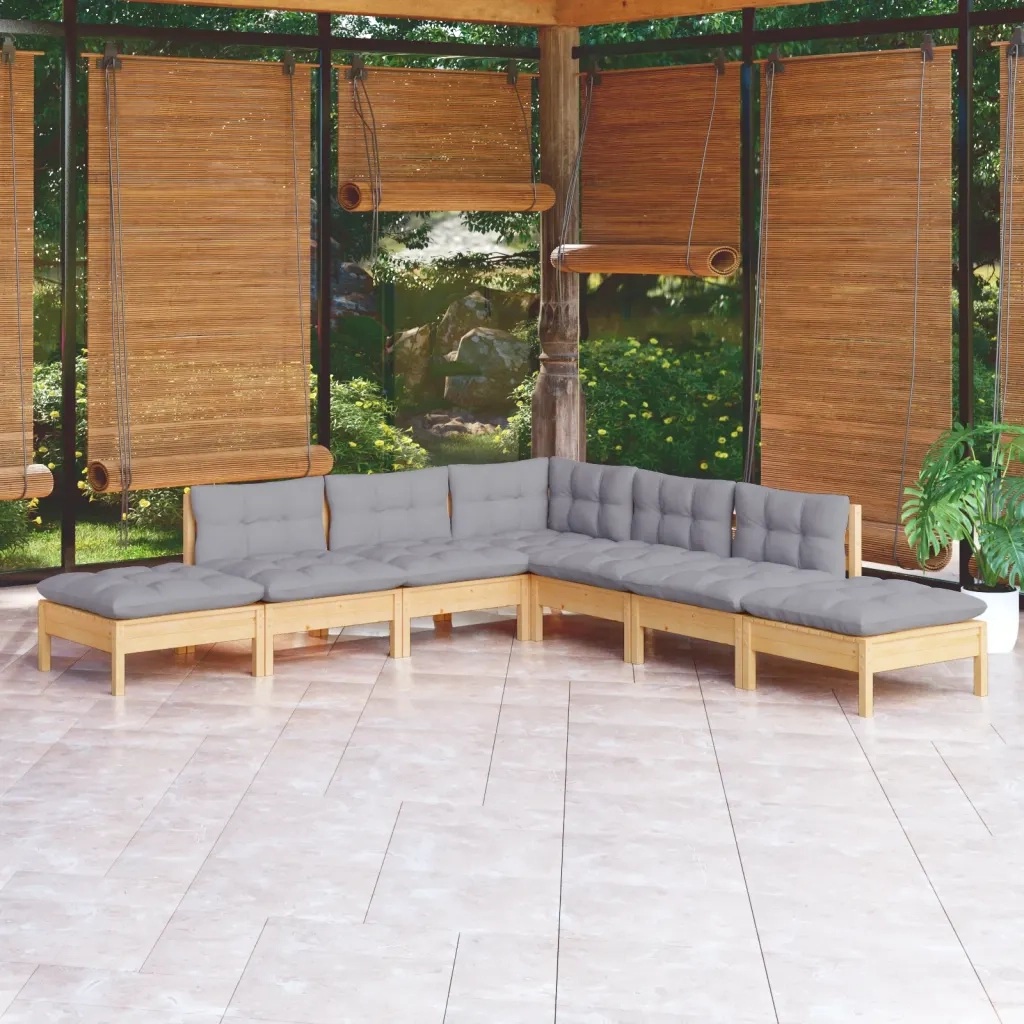Set Divani da Giardino 7 pz con Cuscini Grigi Massello di Pino cod mxl 71842