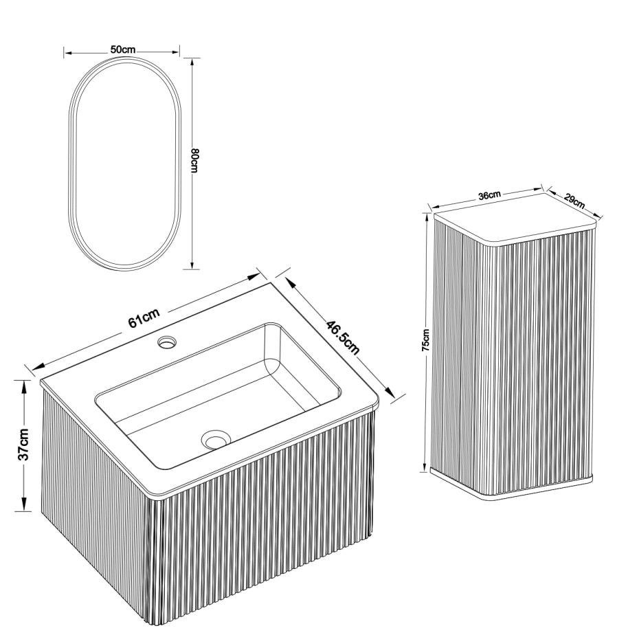 Mobile bagno sospeso con lavabo specchio LED e colonna contenitore design rigato con angoli arrotondati bianco