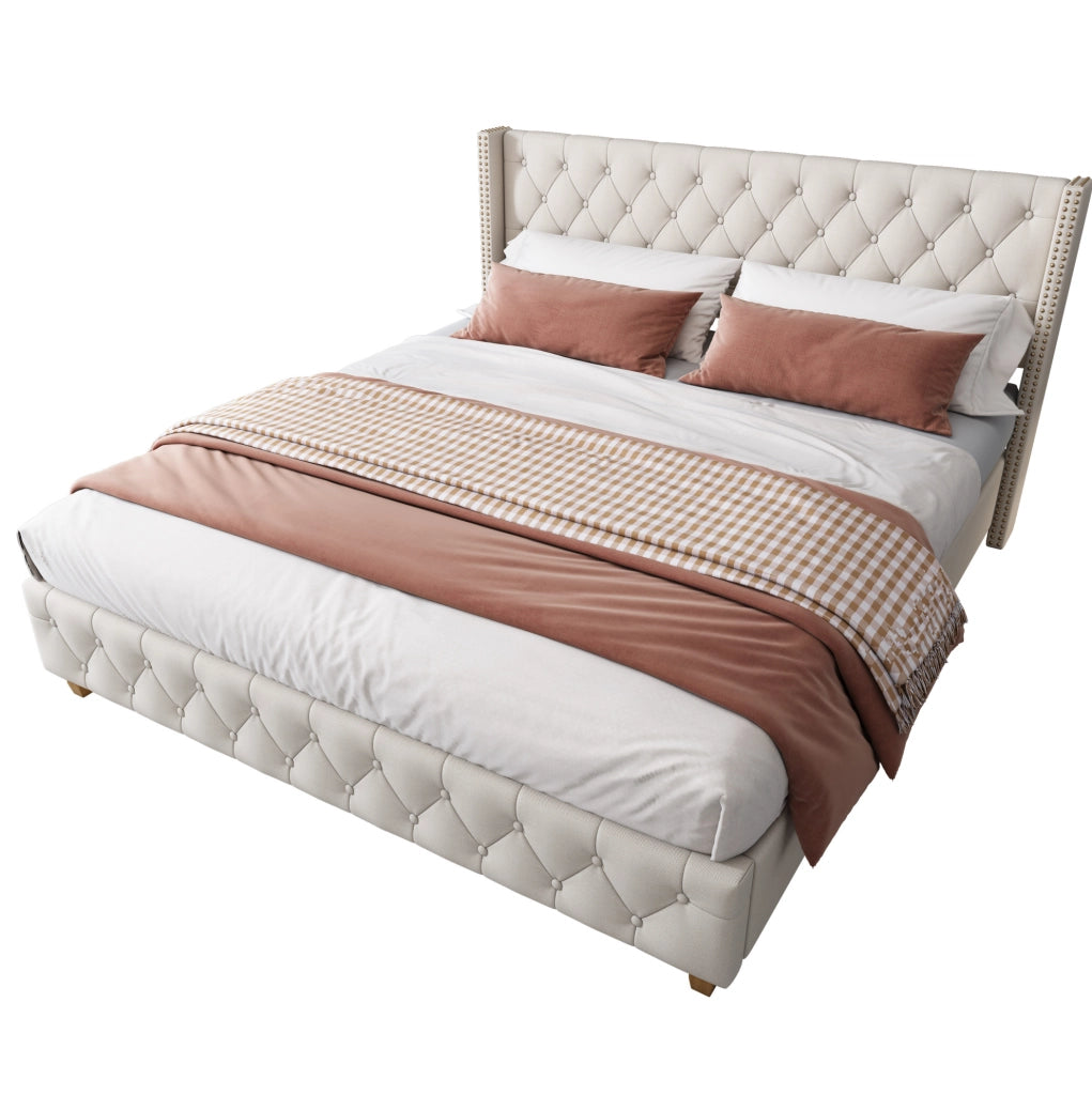 Letto imbottito 140x190 cm capitonn茅 con testiera e pediera in lino beige (Senza materasso)