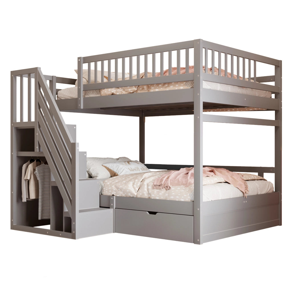 Letto a castello 2 posti con scala contenitore; 1 cassetto; sponde; senza materasso; legno grigio