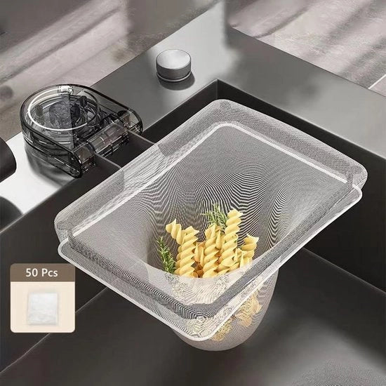 Filtro per residui di cucina, Sifone per scarico cucina a manubrio con presa a vite, Sifone cucina pieghevole con filtro, Sifone cucina con rete, Porta acqua per cucine e bagni (Grigio trasparente (1+50))