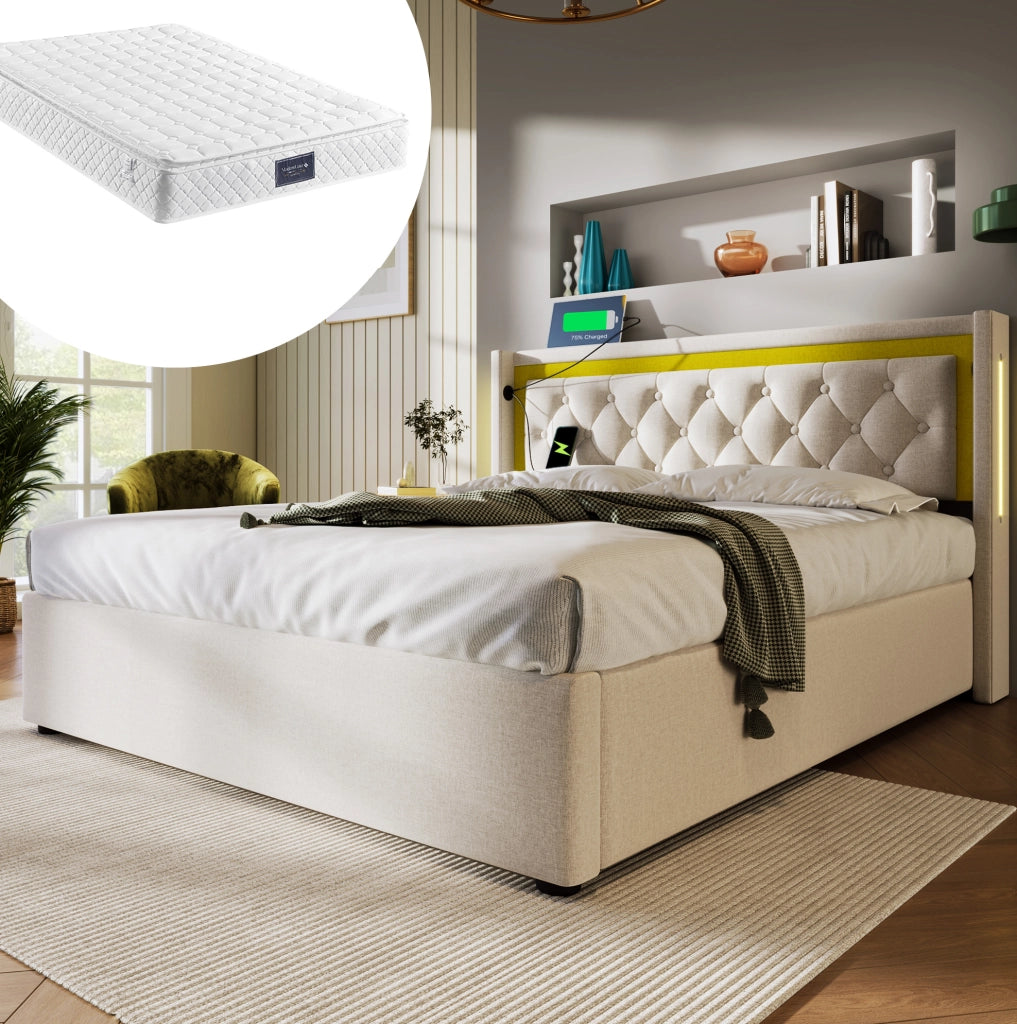 Letto matrimoniale contenitore 140x200 cm con LED e ricarica USB Type-C; beige chiaro; con materasso