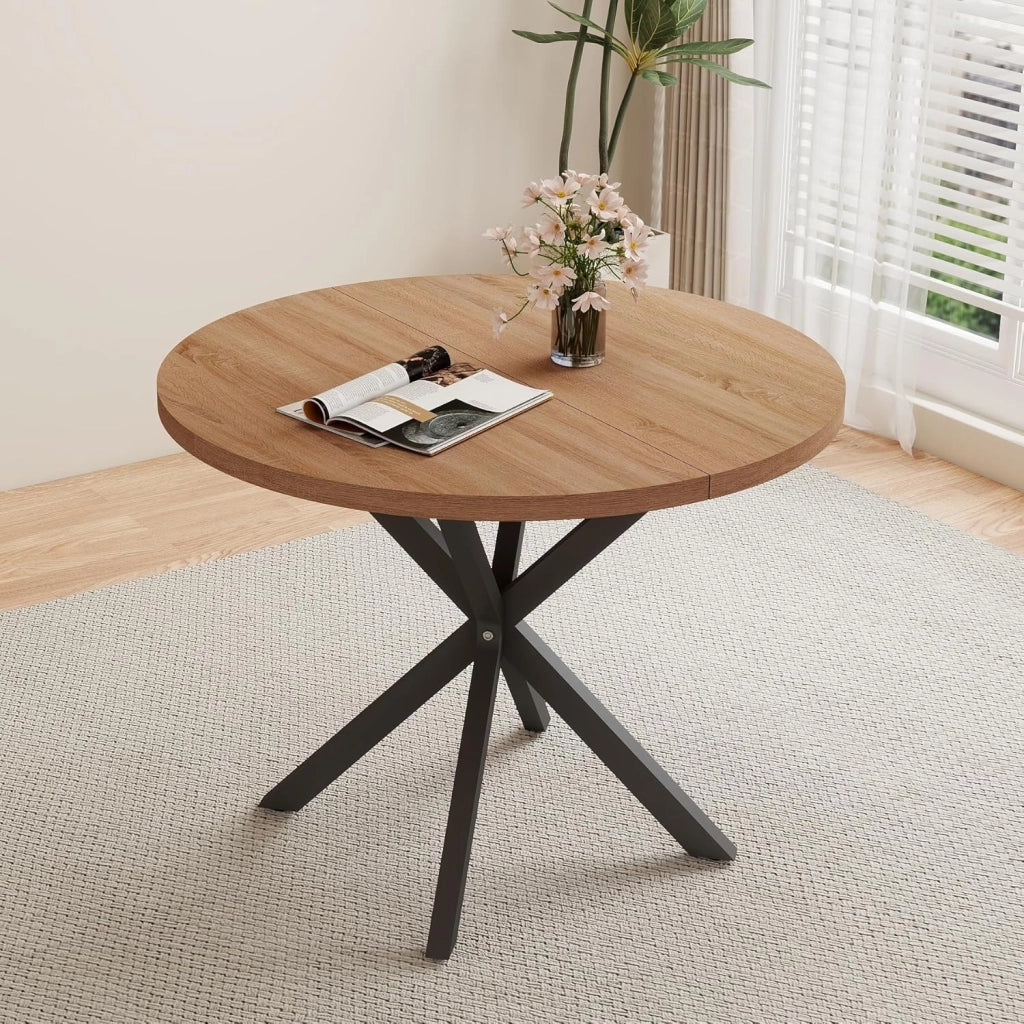 GrandCA HOME Set di Tavolo e Sedie da Pranzo, 100×100×76.5 CM Tavolo da Pranzo Rotondo, 4 Sedie da Cucina Imbottite in Colori Misti, per Sala da Pranzo, Cucina (Venature del Legno Scuro + WGPL)
