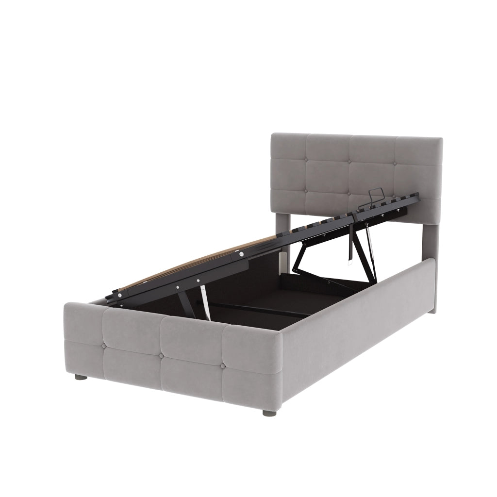 Letto singolo 90×200 cm con contenitore e testiera regolabile; senza materasso; tessuto; grigio