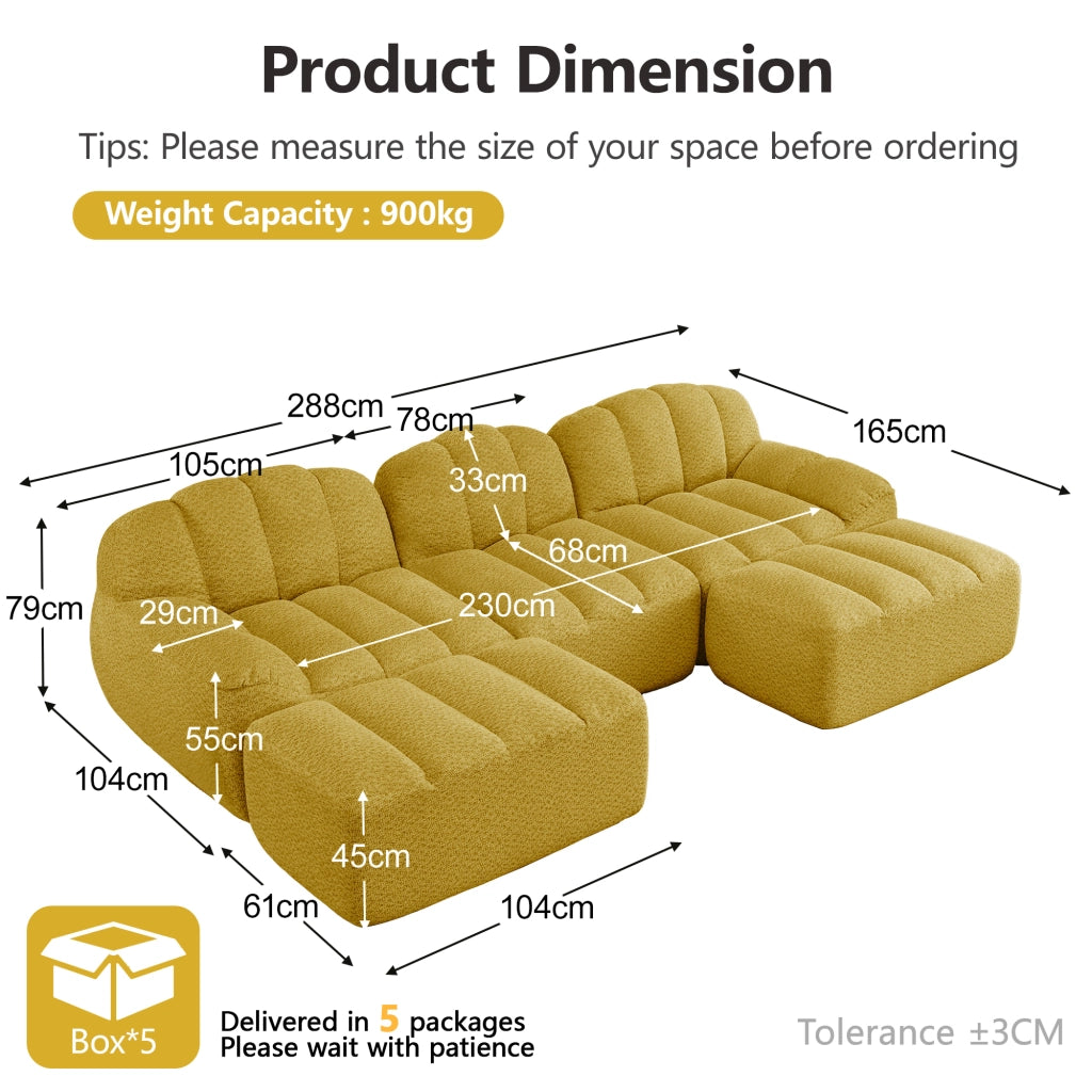 Divano modulare angolare con pouf, schienale ergonomico e seduta ampia in pile granulato giallo 288 × 165 × 79 cm