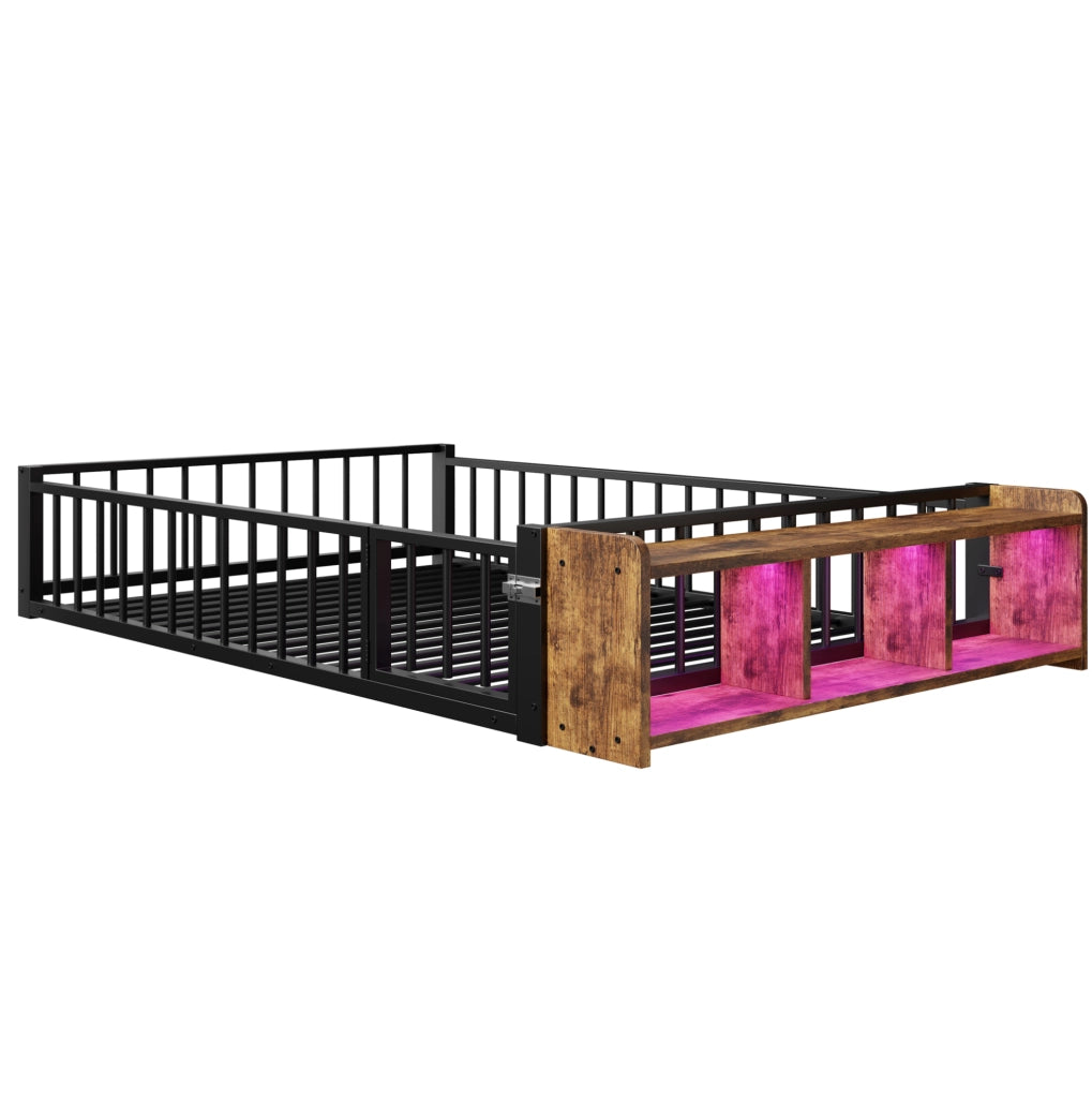 Letto 140x200 cm con vano portaoggetti; LED e sponde in metallo e MDF nero