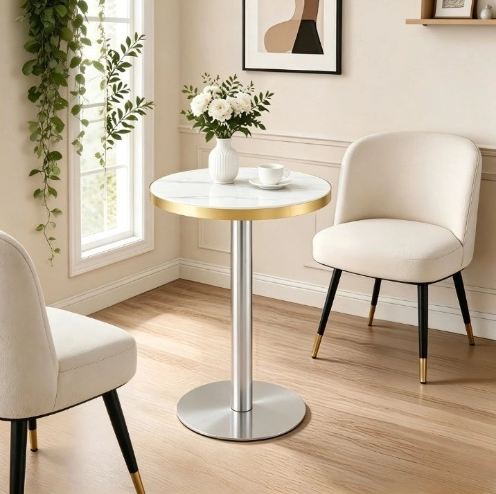 Tavolino rotondo con piano effetto marmo bianco; struttura in metallo; 60x73;7 cm