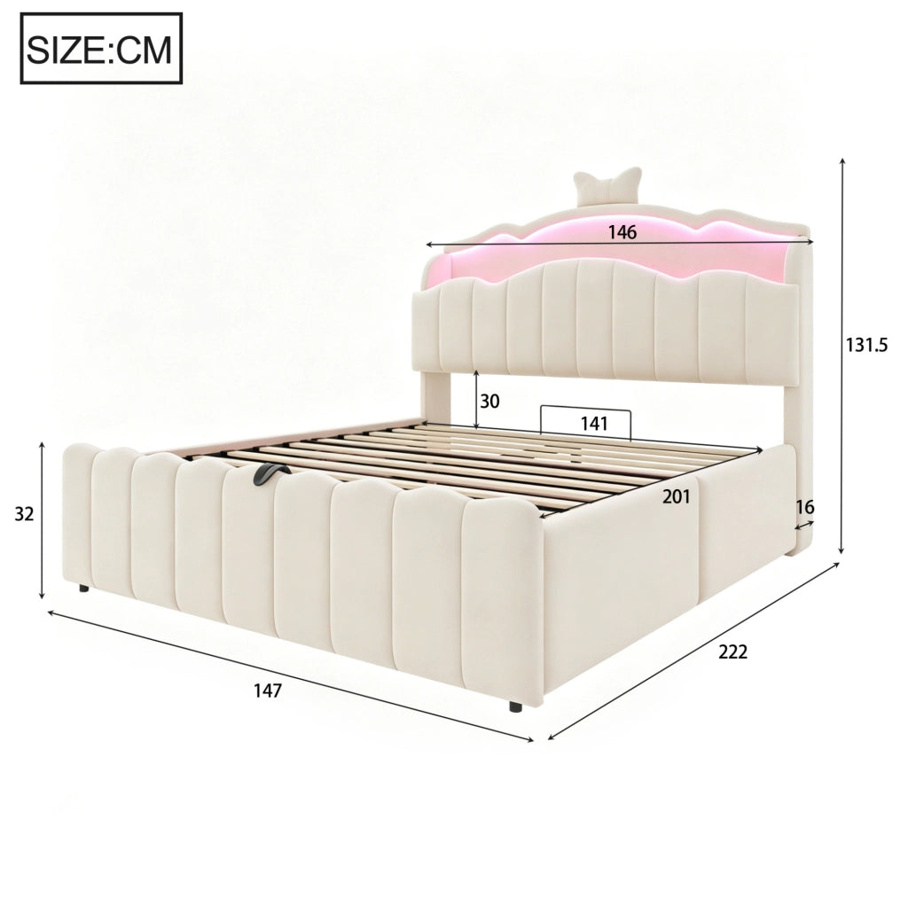 Letto per bambini imbottito 140x200 cm in velluto beige con contenitore; LED e porte USB
