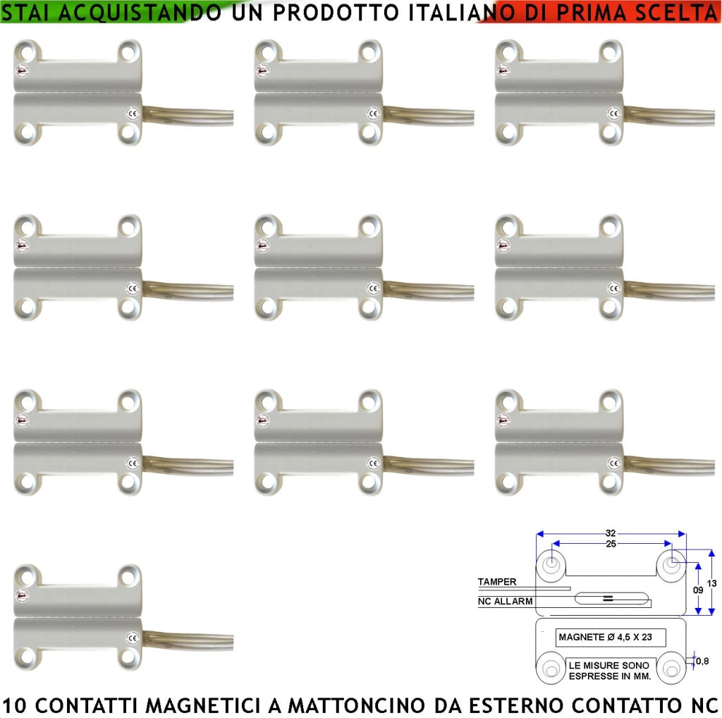 Contatto Magnetico a Mattoncino da Esterno 10 Pezzi Per Allarme Porte Infissi Contatto Reed NC Sottovuoto Sensibilità Magnetica 13 mm Tensione Max 30 V Carico Resistivo 1 A IP65 4 Fili 2 NC e 2 Tamper