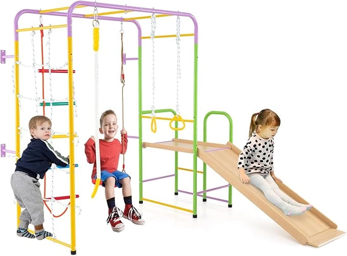 8 in 1 Set da Arrampicata per Bambini, Set Giocattoli Scivolo con Barre Scala Corda Anelli Ginnici e Altalena, Parco Giochi per Bambini 3 Anni +, Carico 100 kg