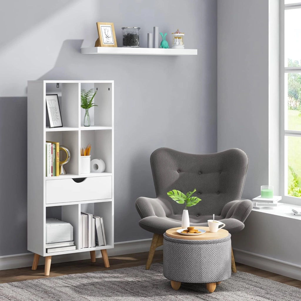 Libreria Moderna Bianca Scaffale Espositore a 6 Cubi Mobile Autoportante per Soggiorno con 1 Cassetto Gambe in Legno Bianco