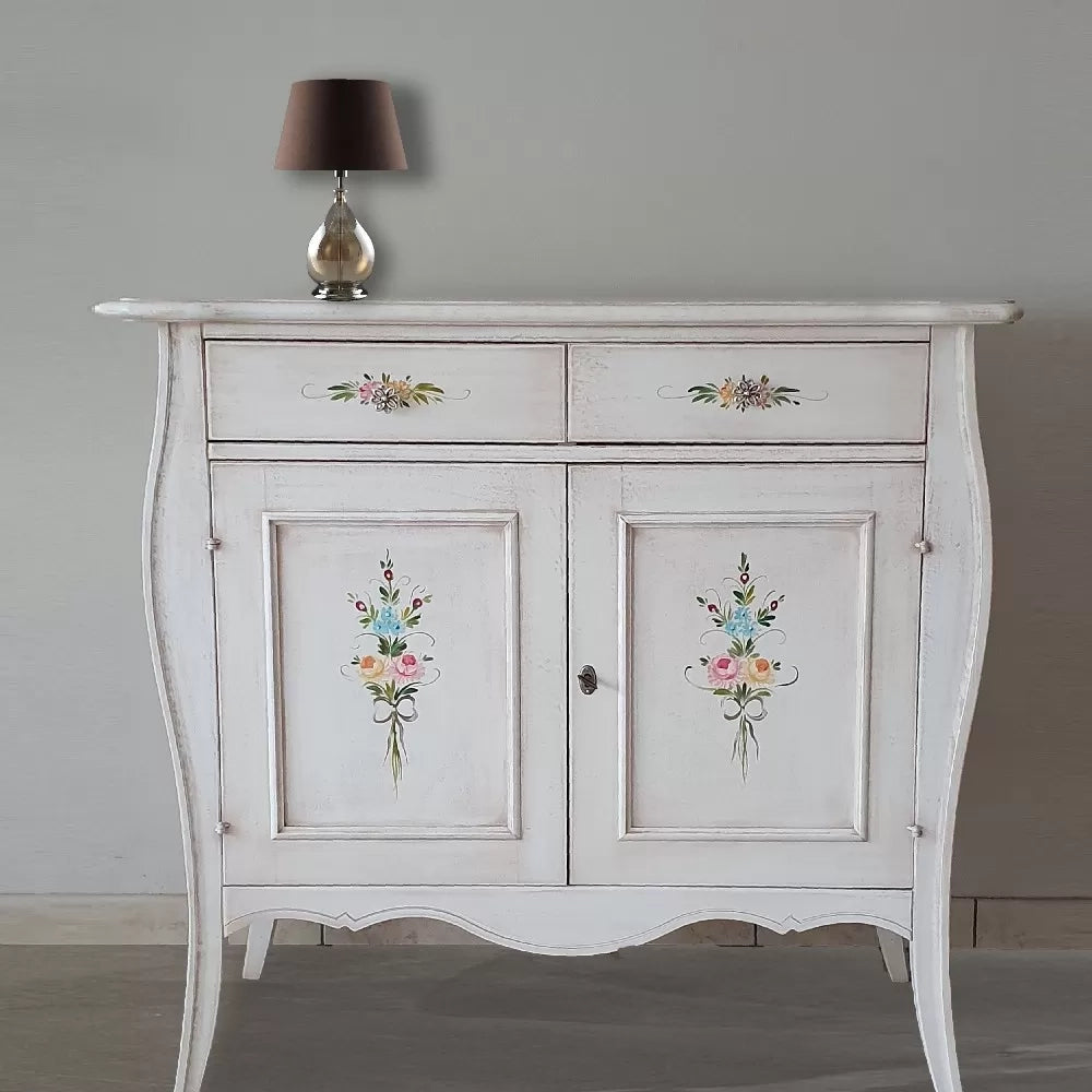 Madia credenza in legno 2 porte shabby bianco anticato decorato 105x50x100 (3090) - Mobili 2G