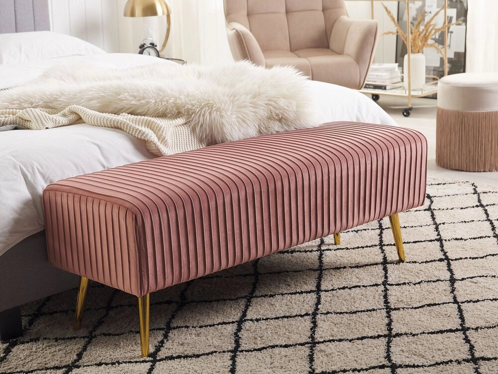 Panca Velluto Rosa Imbottito Gambe In Metallo dorato 118 cm Glamour Soggiorno Camera Da Letto Corridoio