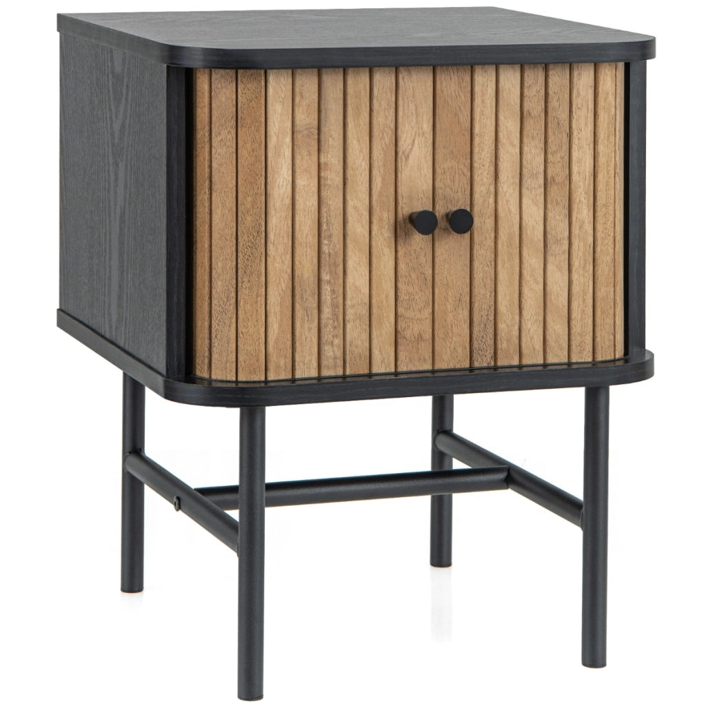 Comodino con ante scorrevoli scomparto chiuso gambe metalliche, Tavolino mid-centuryo laterale per soggiorno Nero-Comodini