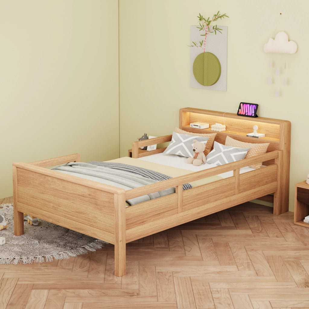 Letto per bambini 90 × 200 cm con LED, USB e Type-C, testiera con ripiano, sponde di sicurezza, senza materasso