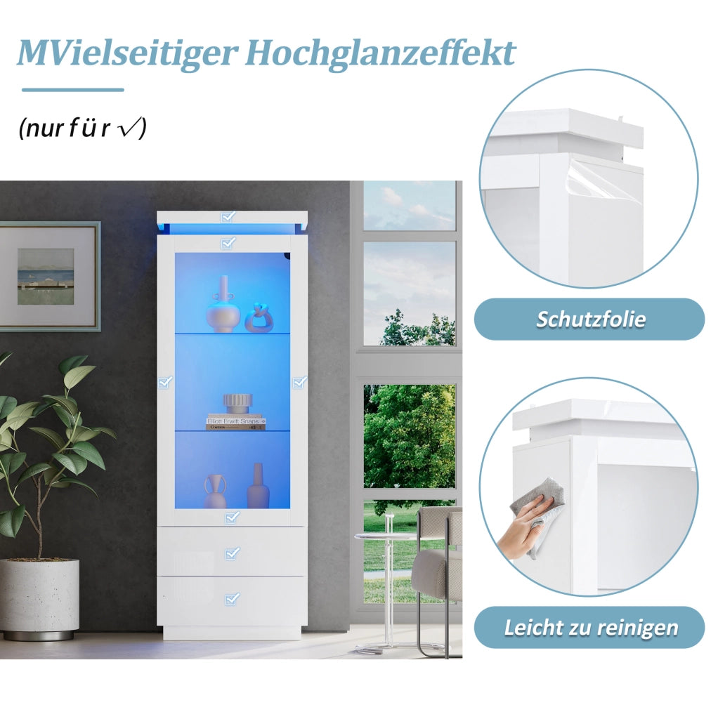 Vetrina alta 60x40x171 cm con 2 cassetti; LED controllato da app; bianco lucido