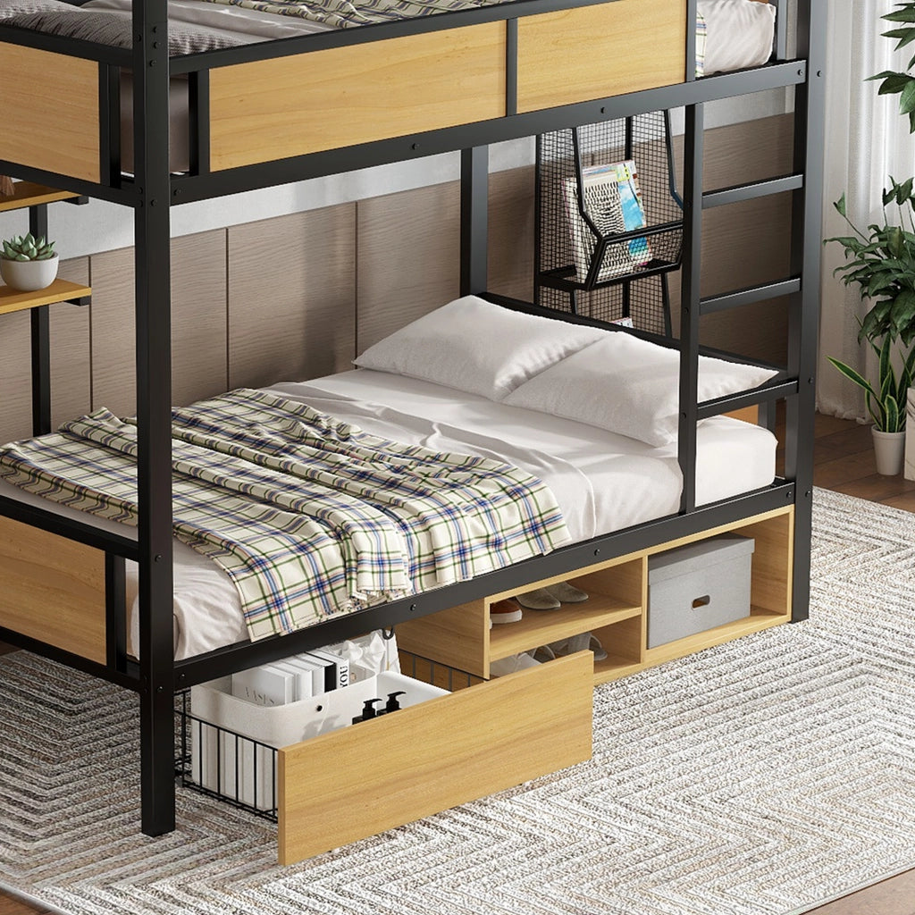 OKWISH Letto a castello 90×200 cm, Letto Singolo con 2 Ripiani Laterali, 2 Cassetti e Vano Contenitore, senza Materasso, MDF e Metallo, Nero e Naturale