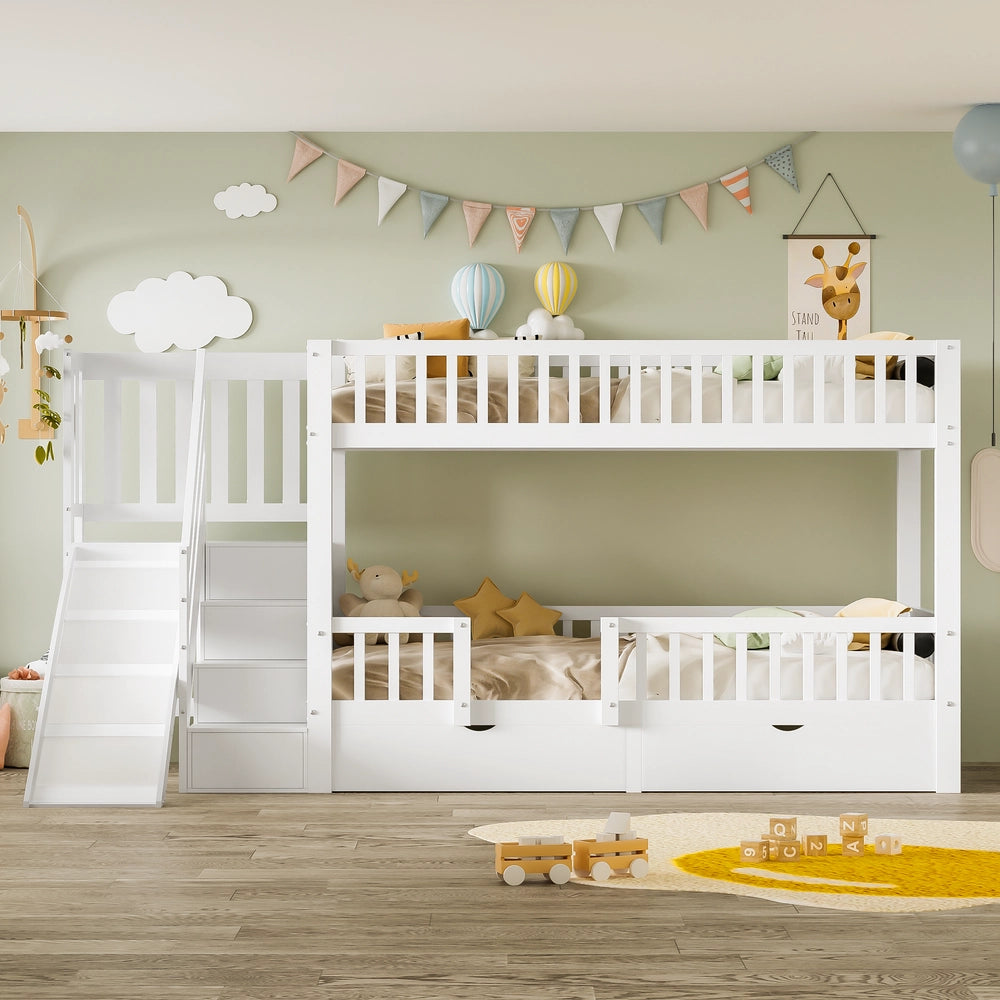 Letto a Castello per Bambini con Scivolo, Cassetti e Porta Magnetica ¨C MINIMAL ¨C Massello Bianco 90x200