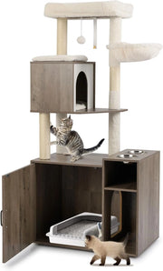 Mobiletto per Lettiera per Gatti, Tiragraffi per Gatti con Posto Graffio in Sisal e Tappetino, Pallina Pendenti, Toilette Nascosta e 2 Ciotole per Cibo, Mobili Moderni per Gattini (Grigio)