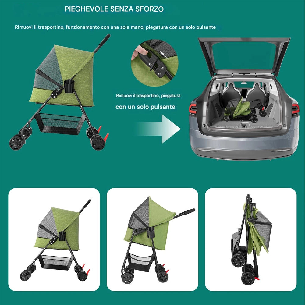 Passeggino per Cani e Gatti Carrozzina Animali Domestici Pieghevole Verde 15kg
