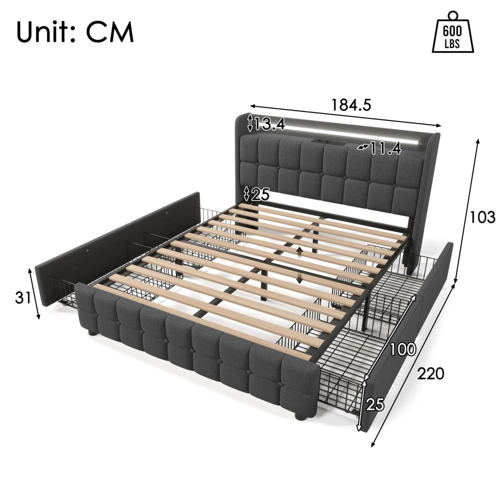 Letto matrimoniale 180x200 cm con LED; prese USB e 4 cassetti; legno grigio