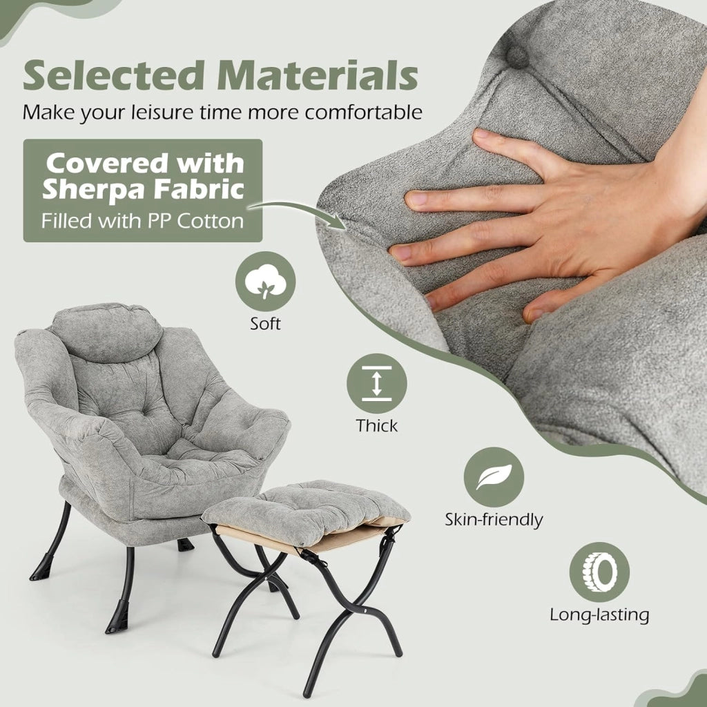 Poltrona per orecchie con sgabello, poltrona relax con braccioli e tasca laterale, per soggiorno, camera da letto e balcone, portata fino a 136 kg