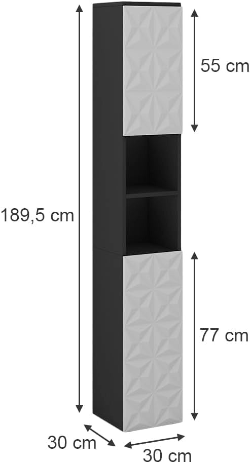 Armadio per il bagno Edge, Nero, 30 x 189.5 cm con 2 ante e 3 scomparti, per la conservazione in bagno con meccanismo push-to-open
