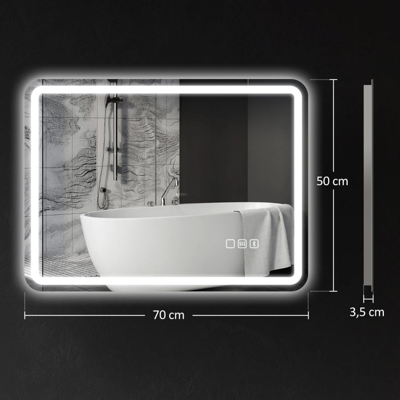 Specchio da bagno LED 70x50 cm argento con Bluetooth, antinebbia e memoria