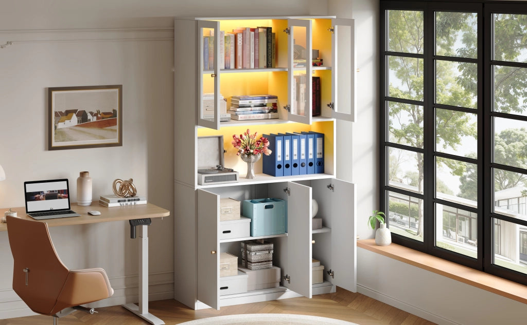 Libreria alta 100×35×200 cm con vetrina in vetro, LED multicolore, vani aperti e 3 ante, bianco