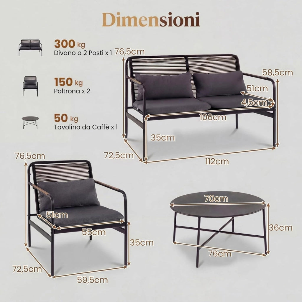 Set Salotto da Giardino 4 Pezzi in Rattan PE, Tavolo da Giardino con 2 Poltrone e Divano a 2 Posti, Set Mobili da Esterno con Struttura in Metallo e Cuscini Imbottiti, per Balcone e Patio