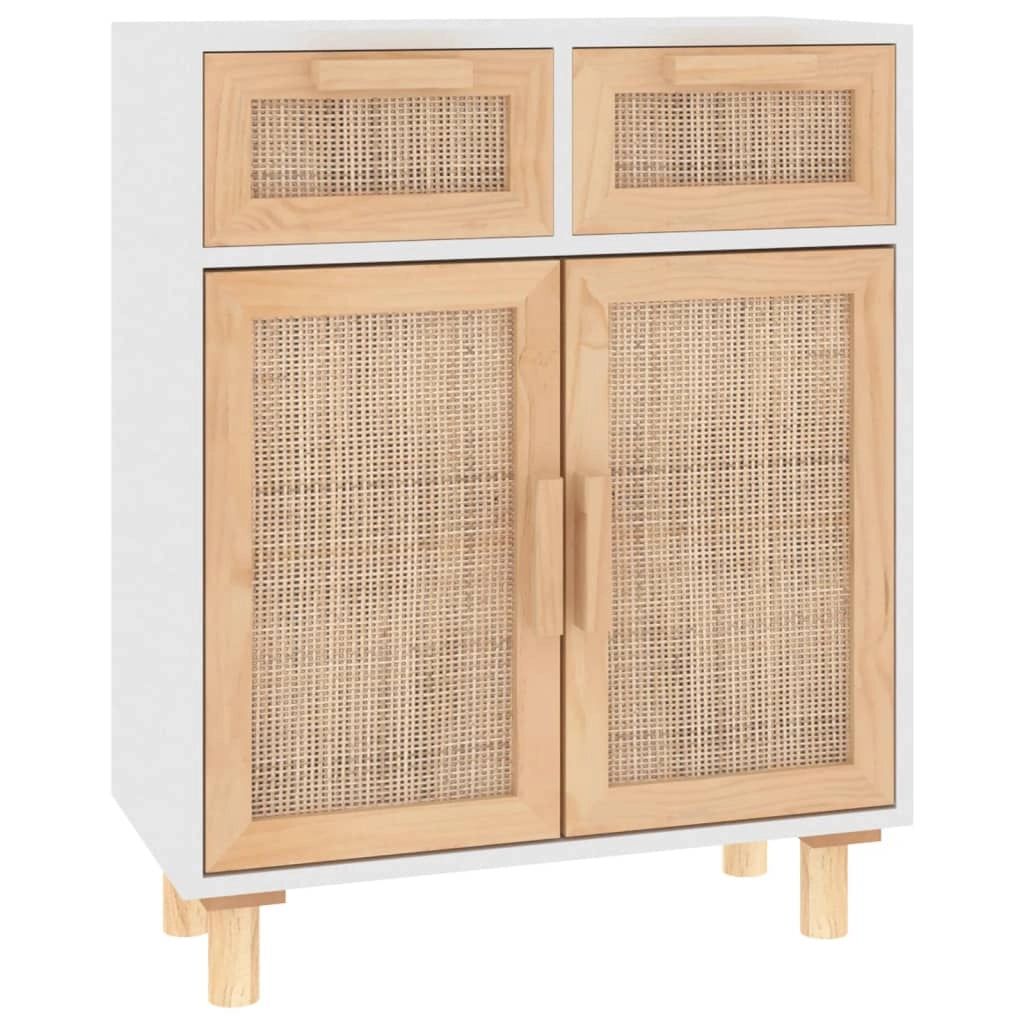Buffet credenza cassettiera armadio mobile contenitore organizer per cucina soggiorno salotto 60 x 30 x 75 cm legno massello di pino e rattan naturale bianco 02_0030338