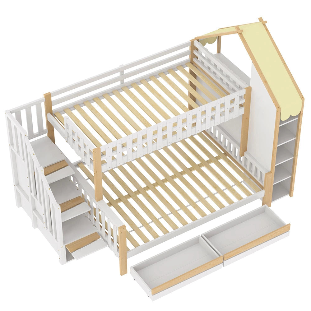 Letto a castello-Xylo-90x200+140x200cm, 2 cassetti, barriera, scala