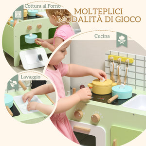 Set Cucina Giocattolo per Bambini da 3+ Anni con 15 Accessori in Legno Verde