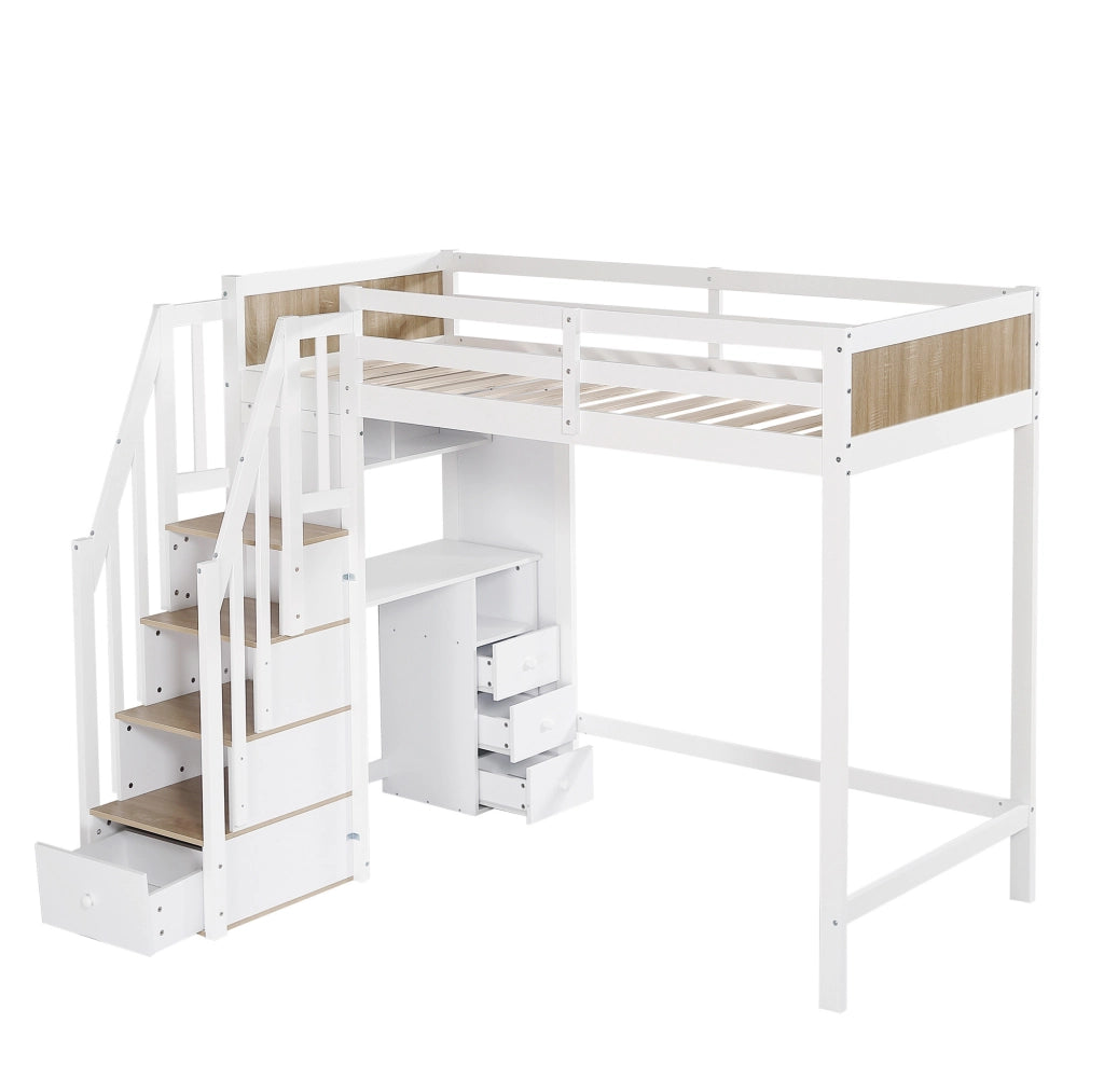 Letto a castello per bambini 90x200 cm con scrivania; scala contenitore e 3 cassetti; bianco/naturale