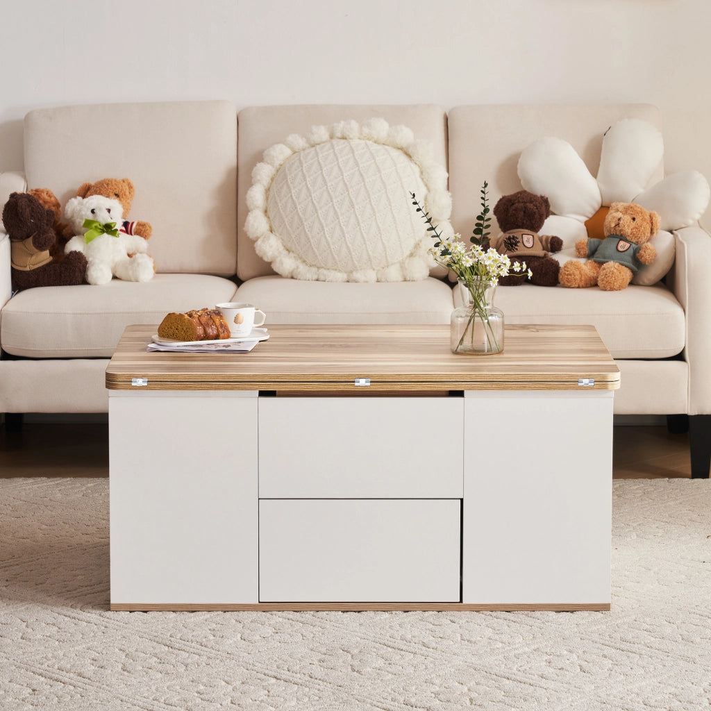 Tavolino basso sollevabile con 2 cassetti, 1 anta e vani aperti, per soggiorno, bianco e legno, 100 × 51 × 47 cm