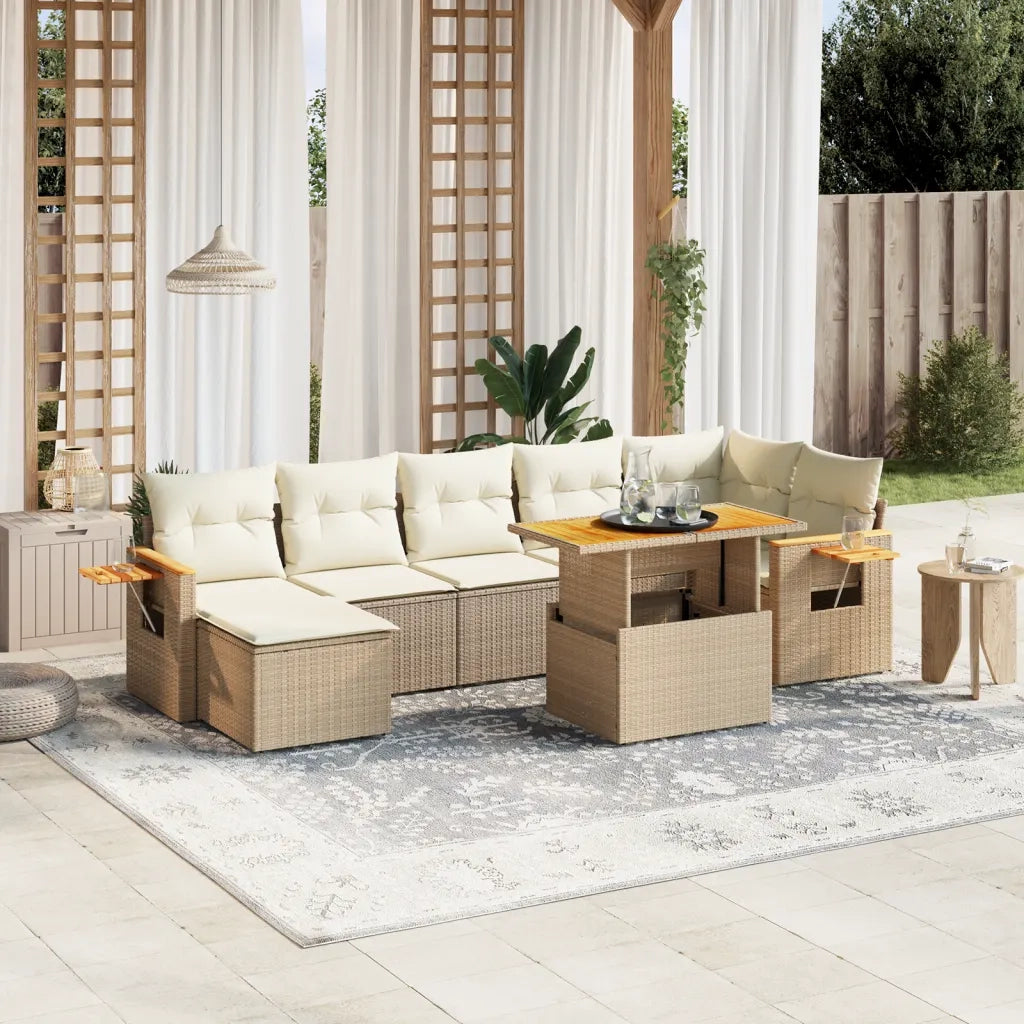 Set Divano da Giardino 8 pz con Cuscini Beige in Polyrattan