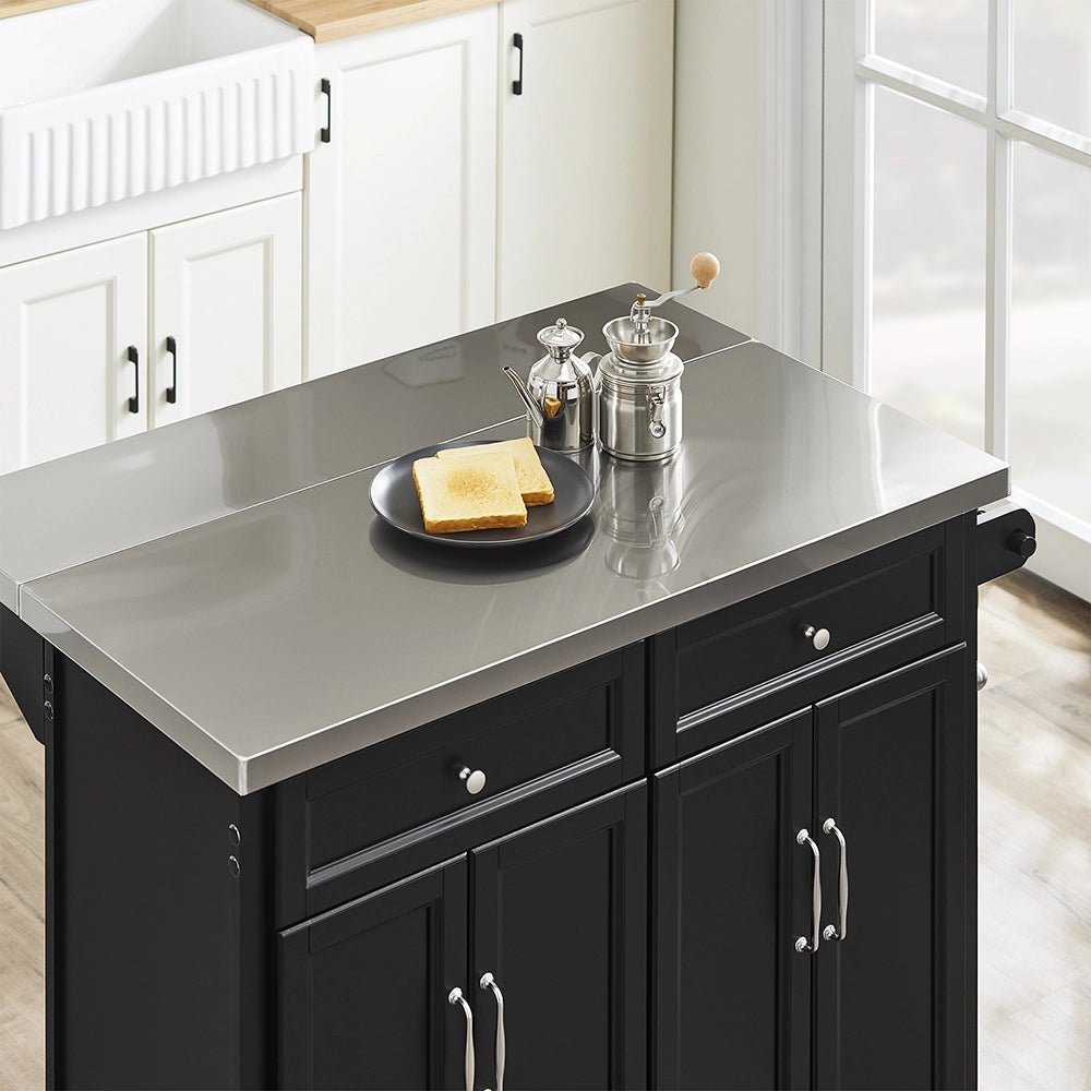 SoBuy | Isola cucina pieghevole nera | Carrello da cucina a 4 ruote | Cucina a penisola con 4 ante | 115.0x71.0x92.5 cm | Capacità di carico 78 kg | FKW71-II-SCH