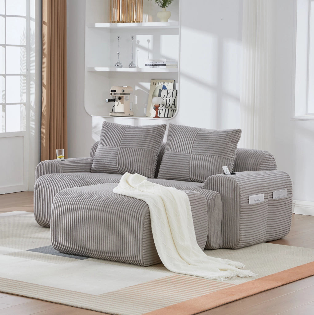 Divano modulare a 2 posti in corduroy grigio chiaro; 200x174x80 cm; con portabicchiere e tasca laterale