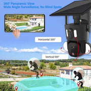 Camera esterna a doppia lente con protezione solare, vista notturna a colori 360°, angolo ampio, rotazione 355°, AI rilevamento movimento umano, 2 vie di comunicazione, WiFi, 8MP, H.265, alimentazione solare.
