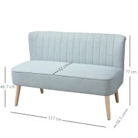 Divano 2 Posti Moderno in Tessuto Senza Braccioli con Gambe in Legno, 117x56.5x77 cm, Celeste