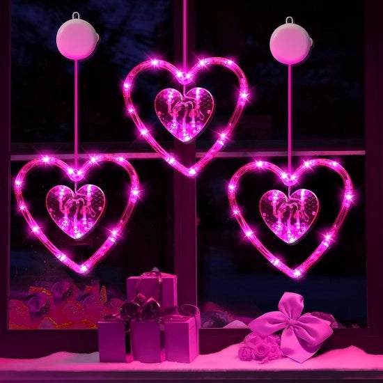 Set di 3 lampade da tavolo per San Valentino con timer, alimentate a batterie, lampade a LED a forma di cuore rosso appuntate con chiodo, adatte per decorazione da tavola festiva.