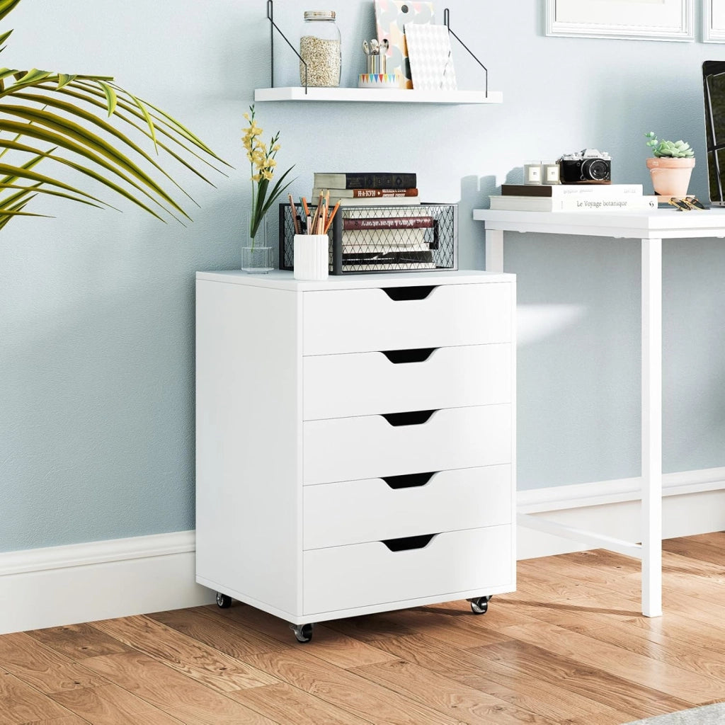 Cassettiera da Ufficio con 5 Cassetti e Ruote, Mobiletto Multiuso per Documenti e Cosmetici, Comodino con Ruote per Camera da letto, Studio, Ufficio e Soggiorno (Bianco)