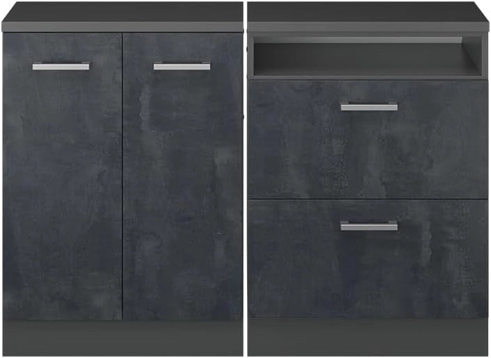 Set di mobili sottotetto Rion, Calcestruzzo nero, 120 cm Set di 2 carcasse armadio profondità 60 cm, adatto per il salvaspazio sotto tetti spioventi